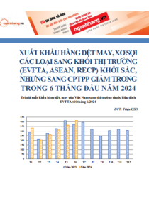 Xuất khẩu hàng dệt may, xơ sợi các loại sang khối thị trường (EVFTA, ASEAN, RECP) khởi sắc, nhưng sang CPTPP giảm trong trong 6 tháng đầu năm 2024
